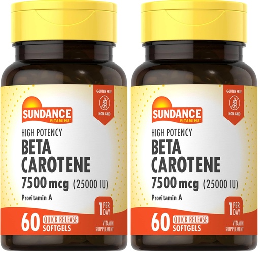 [BRSRY2QLAUBQKG3F] Sundance Beta Carotene 7500mcg | 60 Softgels | Provitamin A | High Potency Formula | Non-GMO and Gluten Free Supplement (Pack of 2)