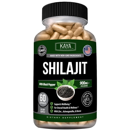 [BRSRGAAROEMRSFI2] Kaya Naturals Shilajit 500 mg with Tongkat Ali & Ashwagandha, 60 Capsules | Shilajit Extract 500 mg - Tongkat Ali 200 mg, Ashwagandha 200 mg, Magnesium, Zinc & Boron, Black Pepper Extract