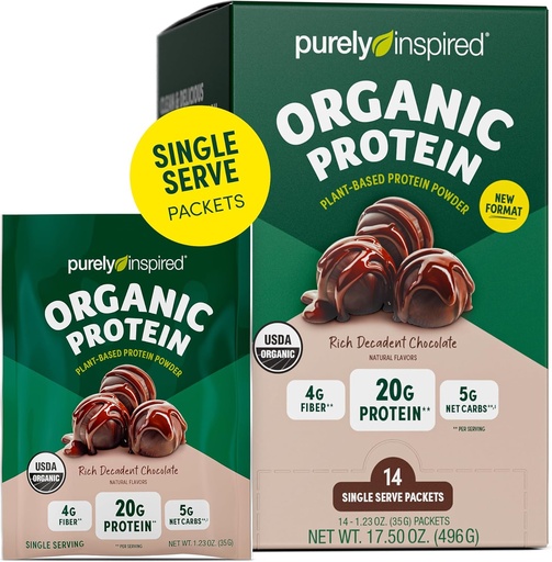[BRSROAABDEDRYE3P] Purely Inspired Organic Protein Powder, 14 Single Serve Packets, Rich Decadent Chocolate - 20g of Plant-Based Protein Powder for Smoothies & Shakes - Dairy-Free, Non-GMO - for Men & Women