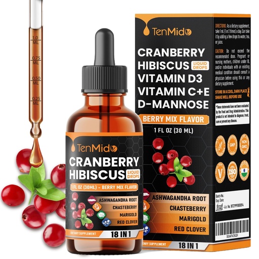 [BRSREGA3OYAWCDLX] Cranberry Extract Liquid for Women - 18in1 with D-Mannose & Probiotics, Hibiscus, Chasteberry, Ashwagandha, Marigold, Red Clover, Dong Quai and More - 1 Fl Oz