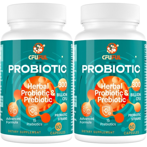 [BRSRAZTQCMCQ4333] Probiotics for Women & Men - 300 Billion CFU, 24 Strains Probiotic + 15 Organic Herbs Prebiotics Blend, for Overall Digestive Gut Health, Immune, Constipation & Bloating, Shelf Stable - 4 Month Supply