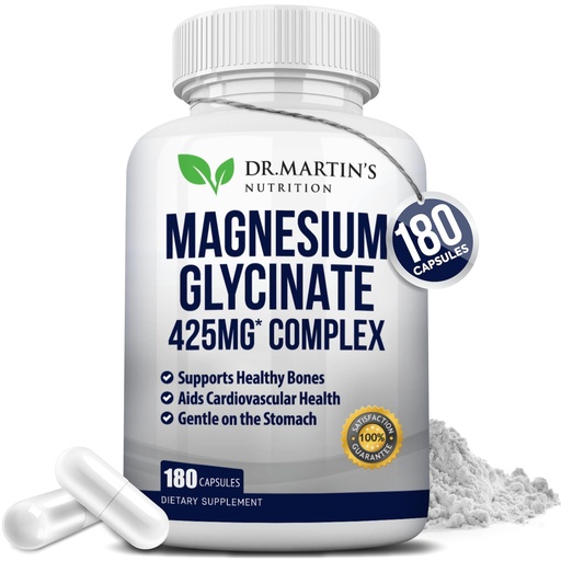 [BRSWGFIBOJYB4GTL] Premium Magnesium Glycinate 425mg - 180 Vegan Capsules - Helps with Stress Relief, Sleep, Muscle Cramps & Healthy Heart |