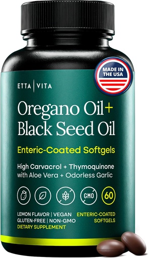 [BRSRGAT6OB5AEC3Z] Oil of Oregano with Black Seed Oil, Enteric Coated Vegan Softgels, No Burps | High-Carvacrol Oil of Oregano with Black Seed Oil, Thymoquinone, Allicin & Aloe Vera - Supports Immunity & Gut Health, 60ct
