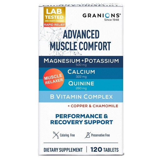 [BRSRMCYTDIPA4AAV] Granions Advanced Natural Muscle Relaxer Pills - 1,346mg Quinine, Magnesium, Potassium, B Vitamins, Chamomile, CoQ10 - Muscle Comfort Support, Immediate Relaxation and Comfort - 120 Tablet, 30 Serving