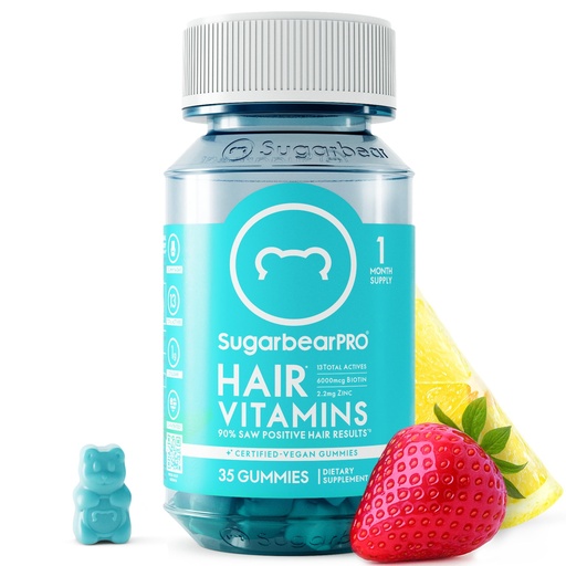 [BRSRAYYNCEPW23LX] SugarBearPro Hair Vitamin Gummy 1 Month Supply, Extra Strength Biotin 6000mcg for Hair Growth, Vegan Vitamin B12, MSM, Inositol, Omega 3, Elderberry, Certified Kosher, Halal, Cruelty-Free
