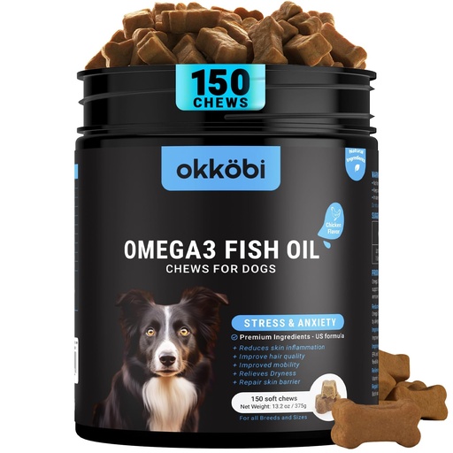 [BRSREGAQBZ6QE2D3] Omega 3 Chews for Dogs - 150Pcs - Dog Skin and Coat Supplement - Rich in EPA & DHA Fatty Acids - Itching Skin Relief Chews - Reduce Hair Shedding - Made with Fish Oil - Chicken