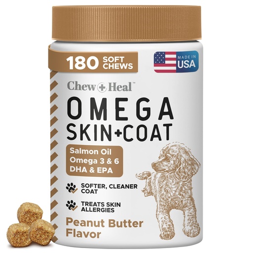 [BRSRO2T2BYIAO23O] Omega 3 Fish Oil for Dogs, Peanut Butter - 180 Soft Chews for Skin and Coat | For Shedding & Hot Spots - Skin and Coat Supplement - Salmon Oil, EPA, & DHA - Allergy Chews - Made in USA