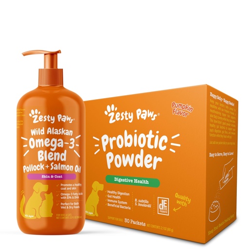[BRSREFITAUBQGG3X] Zesty Paws Wild Alaskan Omega-3 Blend Pollock + Salmon Oil for Dogs + Probiotic Powder for Dogs