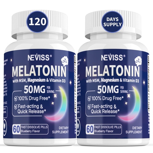 [BRSRMYI3CMFRM3AU] NEVISS Melatonin 50 mg for Adults - Extra Strength 9-in-1 Fast Dissolve Sublingual - High Dose with Magnesium Glycinate, Vitamin D3, Ashwagandha, Lemon Balm, Chamomile, Sugar Free,Vegan 120 Tablets