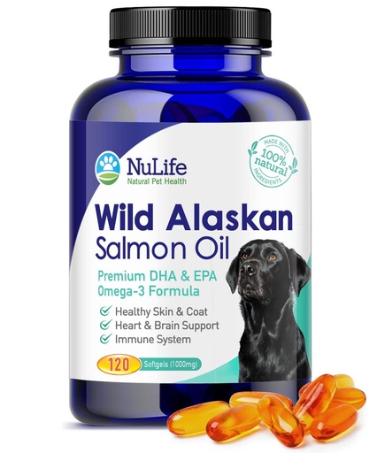 [BRSWKEAKON6B6HDO] Pure Wild Alaskan Salmon Oil for Dogs, Omega 3 Fish Oil Supplement for Healthy Skin & Shiny Coat, Prevents Itchy Skin, Skin Allergies & Shedding, 120 Soft Capsules