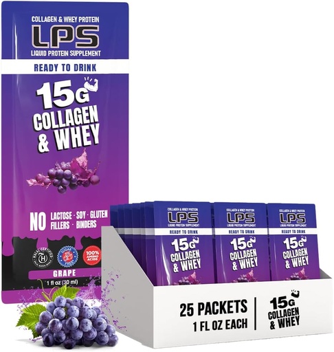 [BRSWYGQ2BZ4A2HL3] Nutritional Designs LPS Liquid Collagen & Whey Protein Supplement - Non-GMO Drink, Sugar-Free - Promotes Healthy Skin & Hair for Men & Women, Grape, Single Serve (25 Packets)