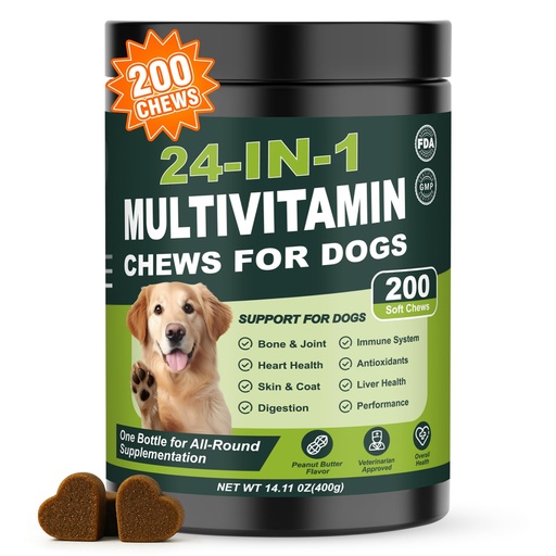 [BRSRGGT7AQMGE23P] 24-in-1 Dog Vitamins and Supplements 200 Ct Daily Multivitamin for Dogs | Hip & Joint, Skin, Digestion, Immune, Heart, Brain, Eye Health Support with Glucosamine, Probiotics, Omega 3 - Peanut Butter