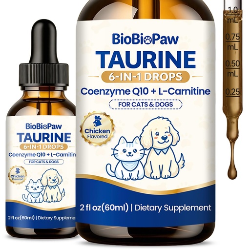 [BRSRYZTYBZ7RMC37] Taurine for Cats & Dogs Liquid Drops with L-Carnitine, CoQ10, Omega-3 | Taurine Supplement Supports Heart, Immune, Brain, Vision, Metabolism & Vitality for Kitty Made in USA 60 ml (Chicken Flavor)