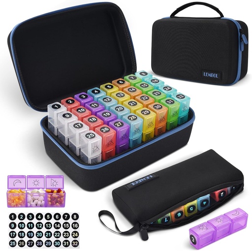 [BRSROHQOCUMAOFAY] Monthly Pill Organizer 3X a Day with Portable 7-Day Travel Medicine Organizing Bag,Large Pill Box with 32 Daily Compartments,30 Day Pill Case Medicine Organizer for Vitamin,Supplement and Medication