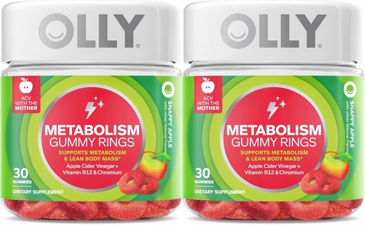 [BRSROZ35B57QEFDD] OLLY Metabolism Gummy Rings, Apple Cider Vinegar, Vitamin B12, Chromium, Energy and Digestive Health, Chewable Supplement, Apple Flavor, Twin Pack - 60 Count