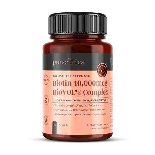[BRSREYD3B55RSA3A] pureclinica 400% Strength Biotin 40,000mcg x 90 Caplets – BioVOL²® Liposomal Biotin Complex | with Marine Collagen, Keratin, Vitamin C & More | 3 Months Supply