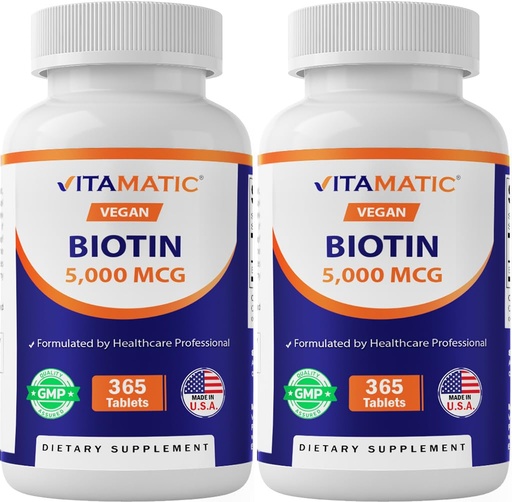 [BRSREFAYA55GEHT5] Vitamatic Biotin 5000mcg (5 mg) for Stronger Hair, Skin & Nails - 365 Vegan Tablets- Also Called Vitamin B7-2 Pack