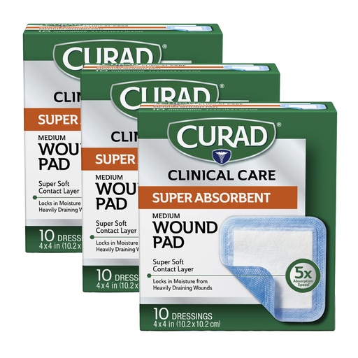[BRSRMHQRBZ7GE2QU] Curad Super Absorbent Wound Pad, Medium, 4" x 4", 10 Count, 3 Pack