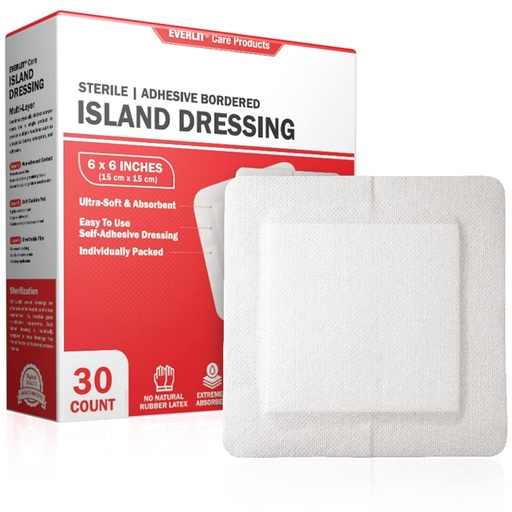 [BRSW2CQODMHQIAA4] EVERLIT Island Dressing Bordered Gauze | Large Wound Care Bandage with Adhesive Border| Sterile, Soft & Highly Absorbent Medical Grade Dressing Pad (6x6 Inch (Pack of 30))