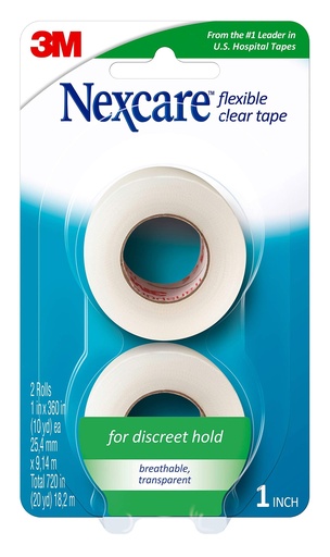 [BRSW2AAKDMHBUADP] Nexcare Flexible Clear Tape, Waterproof Transparent Medical Tape, Secures Dressings and Catheter Tubing - 1 In x 10 Yds, 2 Rolls of Tape