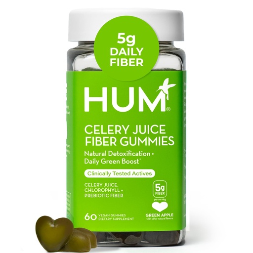 [BRSROZAQBAPAI2AZ] HUM Celery Juice Fiber Gummies for Adults, First Prebiotic Celery Juice Gummy, Gluten Free Fiber Supplement Supports Detoxification, Gut Health, Greens Gummies, Chlorophyll & Prebiotic Fiber, 60 Count