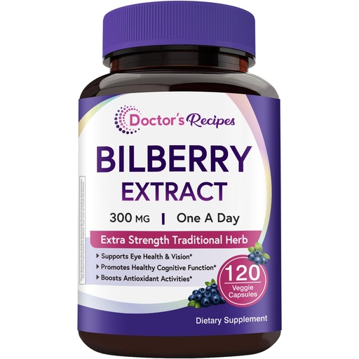 [BRSRGYYQAQCWCHTK] Doctor's Recipes Bilberry Extract, 300mg, Botanical Antioxidant, Vision & Eye Health, Extra Strength, Vegan, 120 Capsules, Non-GMO