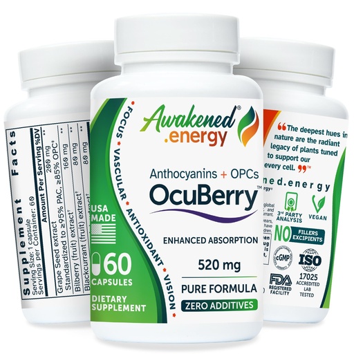 [BRSREHALOQNAICT7] OcuBerry - Bilberry, Grape Seed, Black Currant & Black Rice Extracts - Antioxidant & Vascular Support - Vision, Retina & Blue Light Protection - No Fillers, Excipients - 60 Vegan Capsules Supplement