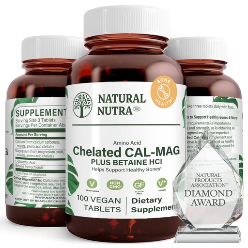 [BRSWKH3ZAYDB63YY] Natural Nutra Chelated Calcium Magnesium 1000/500 mg Supplements Plus Betaine HCL - Chelated Cal Mag Improves Bone Density, Supports Muscle, Teeth, Cardiovascular & Nerve Health, 100 Vegan Tablets