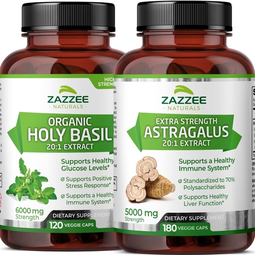 [BRSRMZT4AUDROAL7] Zazzee Extra Strength Astragalus Root and Extra Strength USDA Organic Holy Basil Tulsi Extract