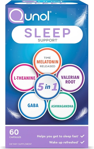 [BRSWYCDYAACA4G3V] Qunol Sleep Support, 5 in 1 Non-Habit Forming Sleep Aid, Supplement with time-released Melatonin 5mg, Ashwagandha, GABA, Valerian Root, L-Theanine, 60ct Capsules