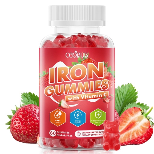 [BRSRYYAEOR5AGYA2] Iron Gummies with Vitamin C, Iron Supplement for Women & Men, 60 Count | Immune Support, Blood Builder & Energy Support for Iron Deficiency, Sugar Free, Vegan, Strawberry Flavor
