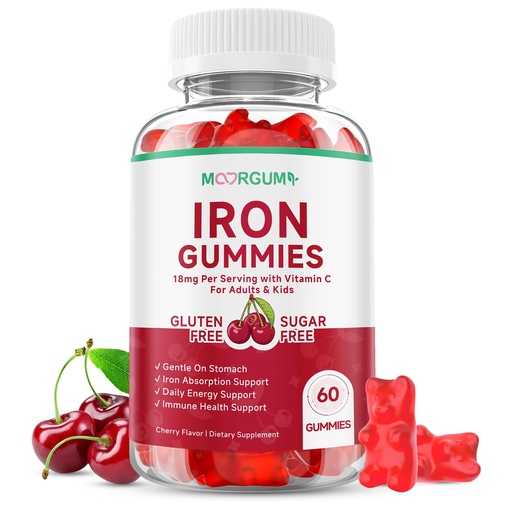 [BRSRGCQQBACBUCT5] Iron Gummies with Vitamin C, High Absorption 18mg Iron Supplements for Adults & Kids, Blood Builder & Energy Support for Women and Men, Gentle on Stomach, Cherry Flavor, 60 Count