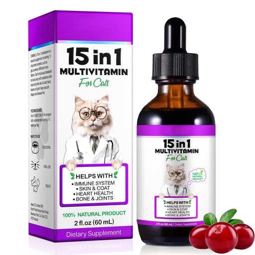 [BRSRGCQLCF4BEEQZ] Cat Vitamins,15 in 1 Cat Multivitamin Liquid Drops Supplements for Heart Health, Bones, Joint, Skin & Coat, Digestion, Immune System Support, 60ml