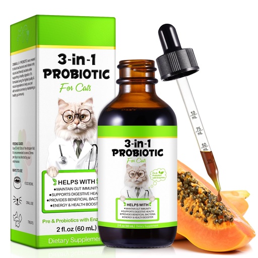 [BRSRAC35AQIWMADU] 3 in 1 Probiotics for Cats Help with Gut, Upset Stomach, Diarrhea, Bloating | Cat Digestive, Immune Support with Digestive Enzymes, Prebiotics & Probiotics – 60ml for Cats of All Ages