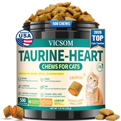 [BRSRGEL4CF6WG3TP] VICSOM Taurine for Cats, Cat Supplements for Heart & Vision, 500 Chews | Crunchy Cat Treats With CoQ10, Omega-3 & L-Carnitine For Heart, Vision, Muscle & Energy Support, Chicken Flavor