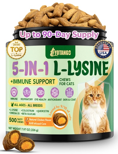 [BRSRGBQ5DIFB4HT4] Lysine for Cats, L-Lysine for Cats Chews & Treats, 500 Ct, Immune Support | L-Lysine Supplement with Colostrum, Quercetin & Omega-3 for Sneezing, Runny Nose, Eye & Respiratory Support, Chicken Flavor.