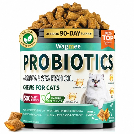 [BRSREHA3AEGQI3LV] Cat Probiotics Chews 500 Count, Omega 3 Fish Oil Skin Coat Gut Support | Cat Probiotic Chews Crunchy Creamy with Fish Oil Omega 3 Support Digestion, Healthy Stool, Skin and Coat Wellness for Cat