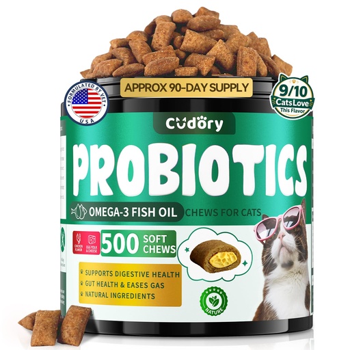 [BRSREZAQPMHB43Y6] Cat Probiotic Chews for Digestive & Gut Support, 500 Count Crunchy & Creamy | Probiotics for Cats Treats with Omega 3 Fish Oil for Skin & Coat Health, Constipation Relief, Healthy Stool, Chicken Flavor