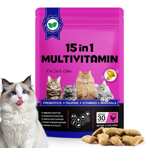[BRSRECT3C4PAEFAV] Cat Multivitamin Chews, 15-in-1 Multivitamin Cat Treats for Heart Health, Joint, Skin & Coat, Immune Digestive Support, Supplements & Vitaminsfor Cats, Chicken Flavour (30-Day Supply)