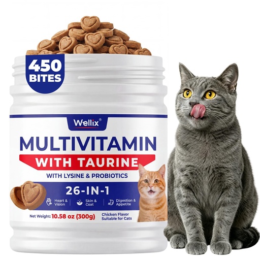 [BRSRGCQNAV7W2DL7] Wellix 26 in 1 Taurine for Cats Multivitamin Supplement 450 Bites | Cat Vitamins with L-Lysine, Omega 3 & Taurine, Supports Immune, Joint, Skin & Heart Health for all Cats