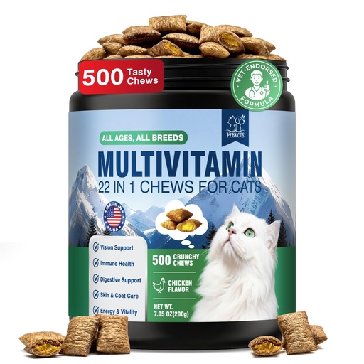 [BRSRYEIRDEBQEAI7] 22-in-1 Cat Multivitamin Chews, Taurine & Lysine for Cats, Omega 3,6,9, Cat Vitamis and Supplements Support Immune, Skin, Joint, Digestion, Heart & Energy 500 Crunchy & Creamy Treats for Cats All Ages