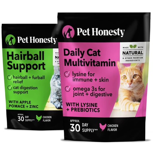 [BRSROFD2BABBQAD3] Hairball Support + Cat Multivitamin Daily Essentials Bundle - Crunchy & Creamy Chews for Hairball Remedy, Immune Health, Joint Support, and Skin & Coat