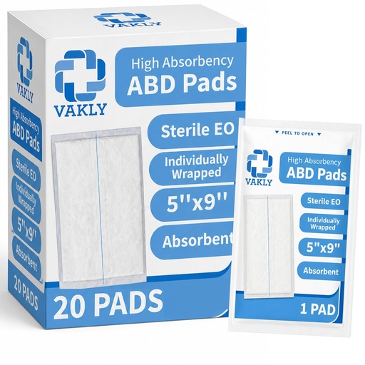 [BRSRMHQKDEMQGYLP] Vakly Sterile Abdominal ABD Combine Pads 5x9, High Absorbency Gauze, 20 Pk | Non-adherent, wound dressing, first aid pads, surgical pads, post op care, trauma pads, individually wrapped, heavy drainage