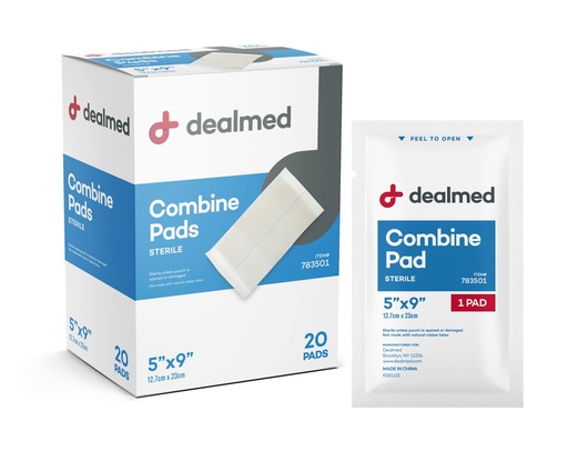 [BRSWGZQEA55GEG3F] Dealmed Abdominal Combine Pads - Sterile Non Adherent 5 x 9 in - 20 Count | Non-Woven PE Layer, Sealed Edges, Individually Wrapped, Heavy Drainage Care, Post-Op And Emergency Use