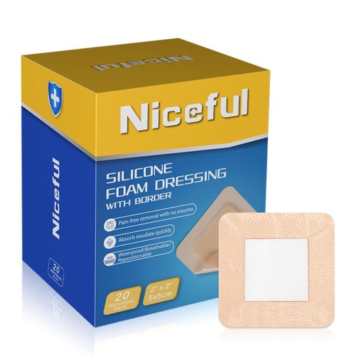 [BRSRMHAHAF6RUAL5] Niceful Silicone Foam Dressing Gentle Border 2"x2" 20 Count, Extra Hold | Gentle Border Foam Bandage, 5-Layer Absorption, Waterproof Pain-Free Removal, Cuts & Mild Burns, 20 Individually Wrapped