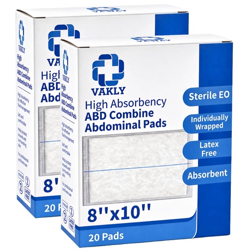 [BRSWEBL4BN4AGAI6] Vakly Sterile Abdominal ABD Combine Pads 8x10, High Absorbency Gauze, 40 Pk | Non-adherent, wound dressing, first aid pads, surgical pads, post op care, trauma pads, individually wrapped, heavy drainage