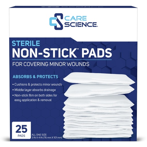 [BRSRGBIHBMFAAG3P] Care Science Non-Stick Pads, 3in x 4in, 25 Count | Extra Absorbent Non-Stick Pads for Covering Minor Wounds.