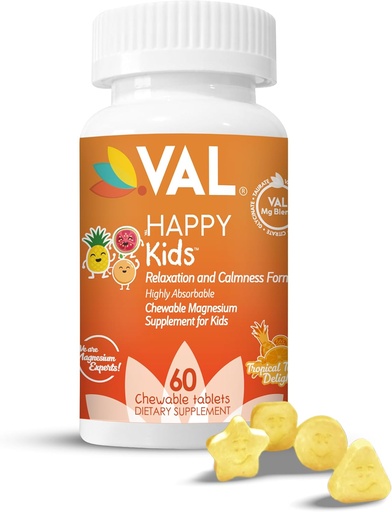 [BRSRAYAZOYMRODIY] VAL Magnesium for Kids | High-Absorption Magnesium for Calm, Relaxation & Focus | Mg Glycinate, Citrate & Taurate | with Vitamin B6, D & C | Sugar-Free, Non-GMO | 60 Chewable Tablets