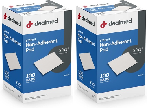 [BRSRGFINBMHBODT6] Dealmed Sterile Non-Adherent 2" x 3" Gauze Pads Non-Adhesive Wound Dressing, Highly Absorbent & Non-Stick, Painless Removal-Switch, Individually Wrapped for Extra Protection (Box of 100) (Pack of 2)