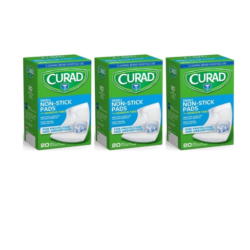 [BRSWIZQQBF4QA3YV] Curad Small Non-Stick Pads With Adhesive Tabs 2 Inches X 3 Inches 20 Each (Pack of 3)
